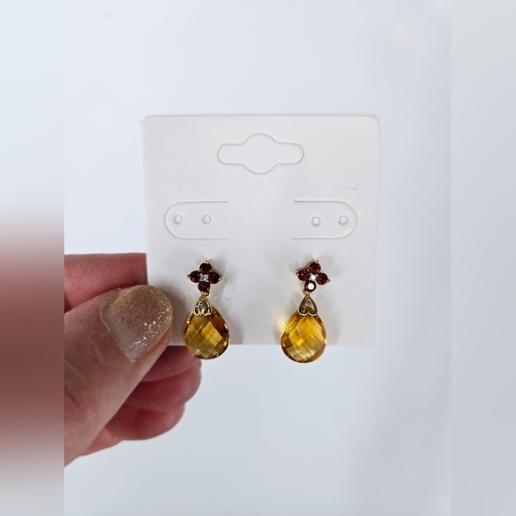 Briolette Citrine and Garnet Drop Earrings in 10K Gold with Diamond Accents - Picture 2 of 5